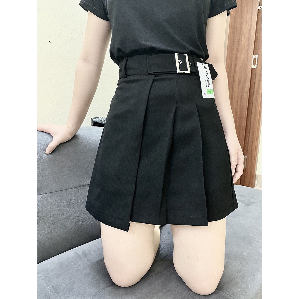 Chân váy xếp ly kèm đai [Loại 1 - Lỗi 1 đổi 1] Chân váy chữ A 3 ly phối đai cá tính Mely's Fashion MLCV_XLKD_008