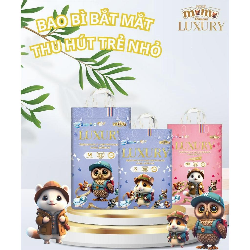 Tả/Bỉm MOMO DIAMOND LUXURY dán/quần NB58/S58/M52/M44/L42/XL40/XXL38/XXXL36/XXXXL34