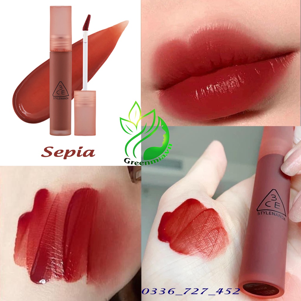 Son Kem Lì 3CE Sepia - Màu Đỏ Gạch Đậm 4.6g Blur Water Tint Siêu Lì Không Lem