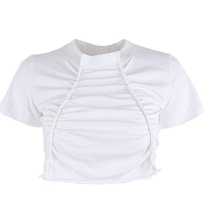 Áo thun cổ tròn thiết kế xếp ly nữ tính phong cách thời trang