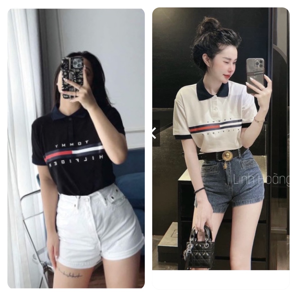 Áo Polo Nữ Tommy Đen & Trắng - Áo Phông Nữ Form Rộng Có Cổ
