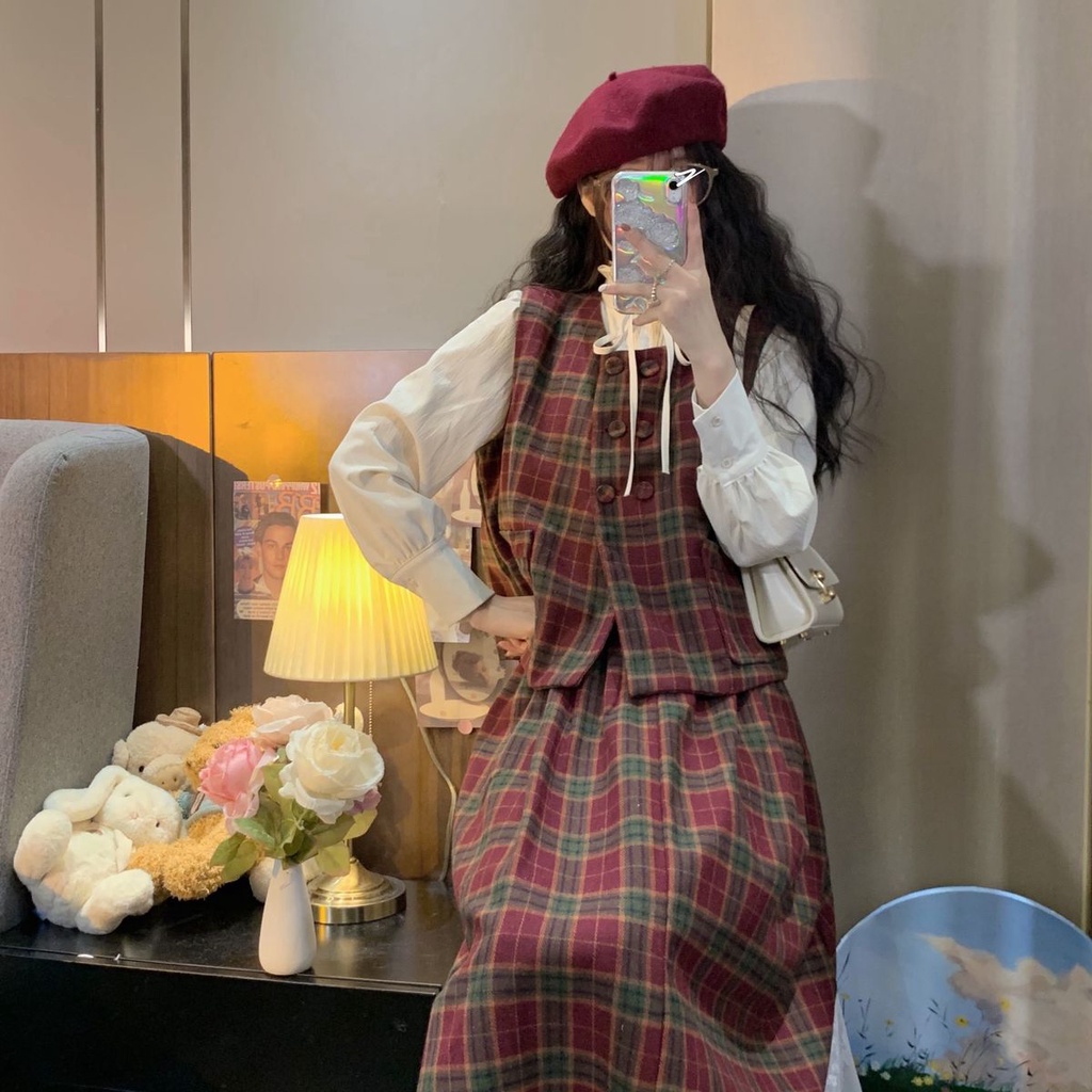 Set Áo Sơ Mi + Áo Khoác Không Tay + Chân Váy Lưng Cao Thời Trang Dành Cho Nữ