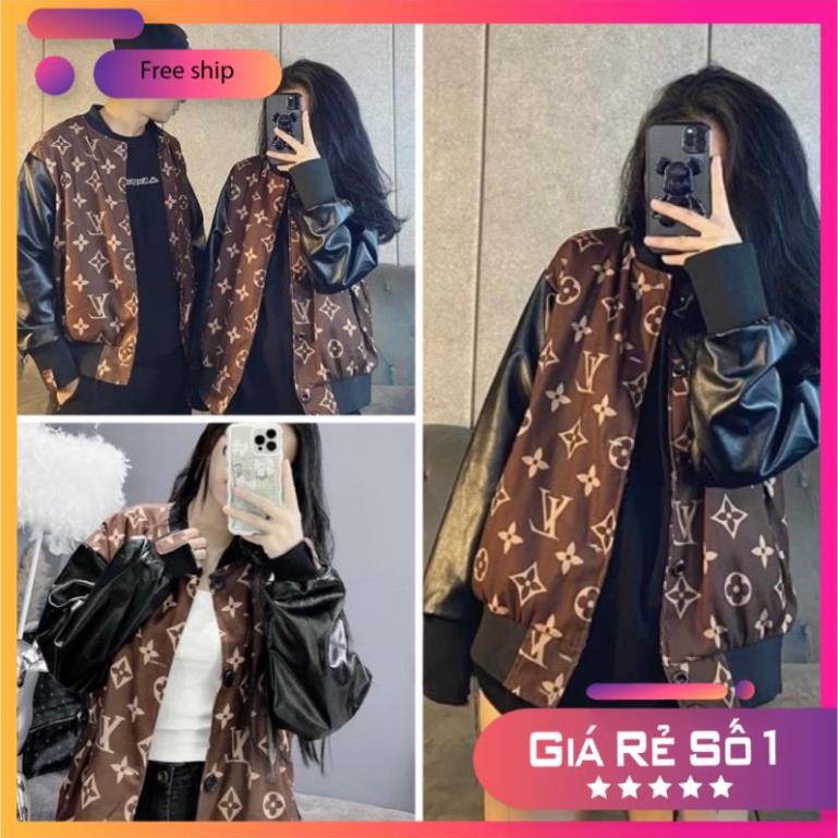 [Xả kho] Áo Khoác Bomber L.V Kaki Nỉ Mềm Phối Tay Da Unisex
