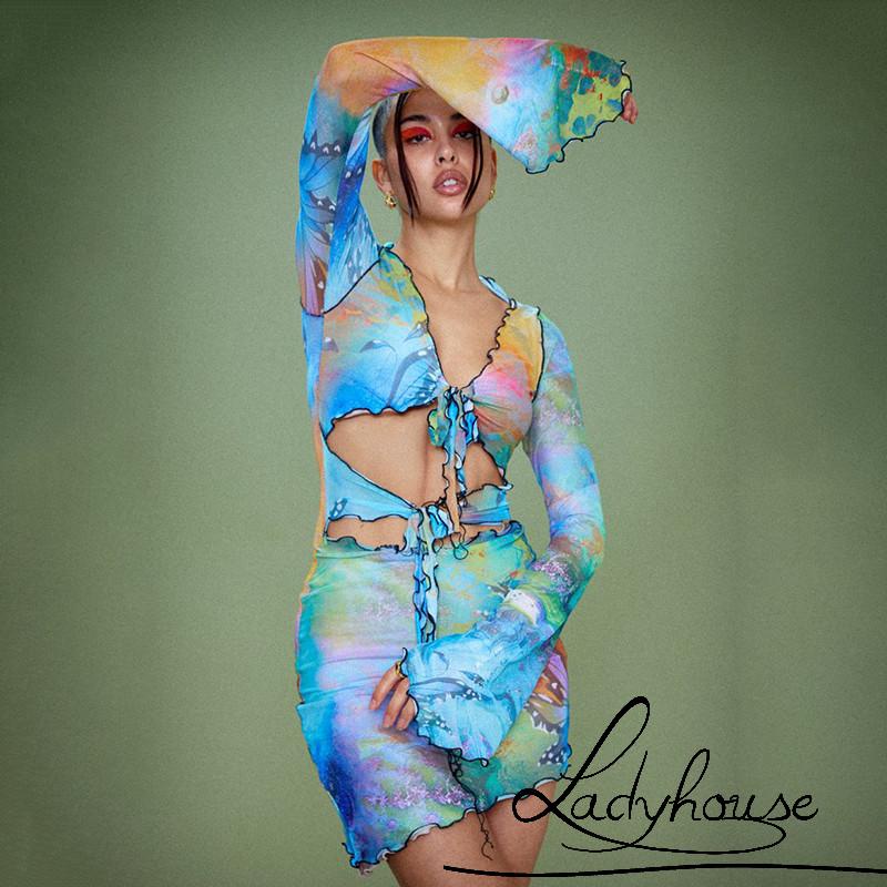 Váy body Tay Dài Cổ Chữ V Khoét Sâu In Họa Tiết Bướm Quyến Rũ Cho Nữ