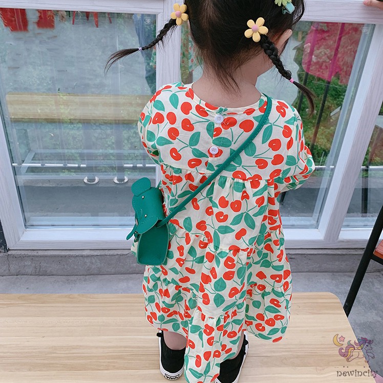 Đầm cotton dài tay in họa tiết quả anh đào đáng yêu dành cho bé gái