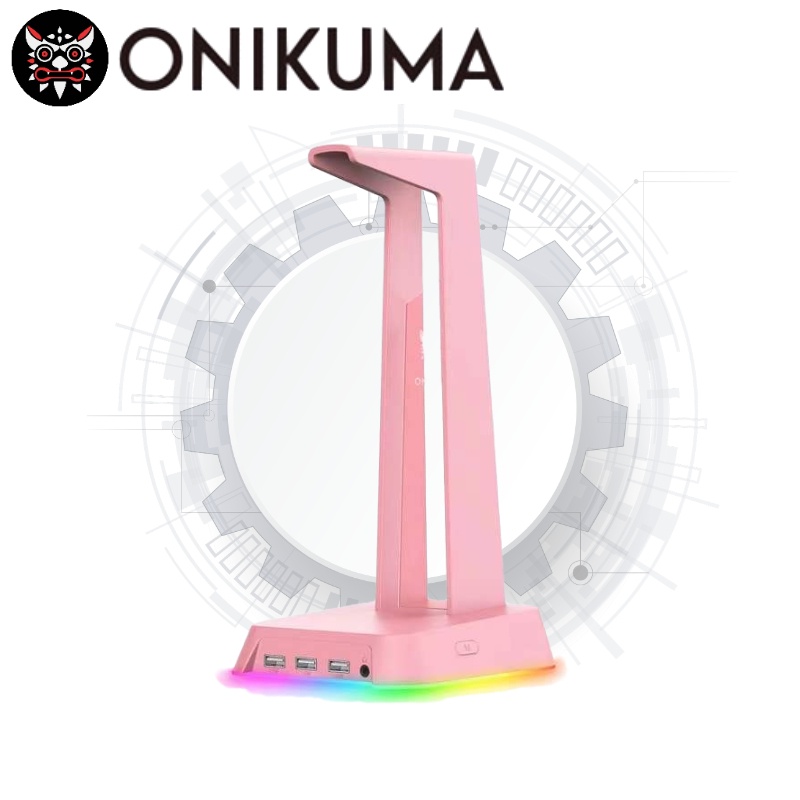 Giá đỡ trưng bày tai nghe để bàn Onikuma ST2 màu hồng đèn RGB phát sáng với 3 cổng USB và cổng AUX 3.5 mm