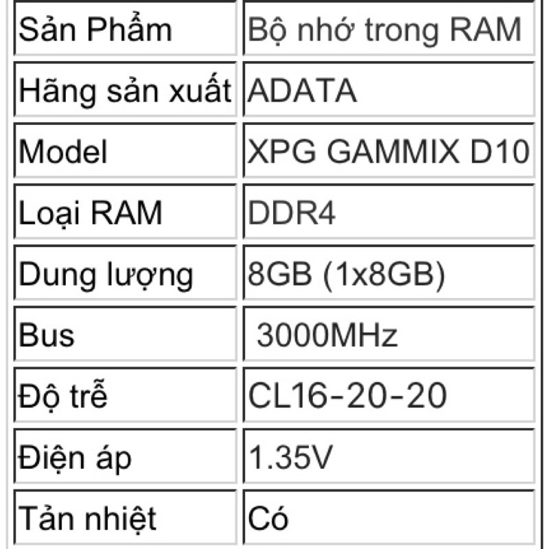 RAM ADATA XPG GAMMIX D10 8GB (1x8GB) DDR4 3000MHz (Đen hoặc Đỏ)