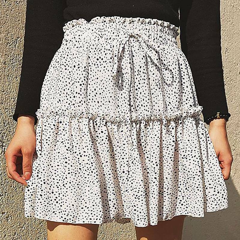 Polka Dot Mini Skirts for Women Elastic Waist Pleated Beach Holiday