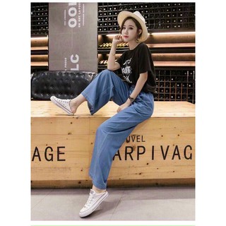 Quần denim ống suông lưng thun