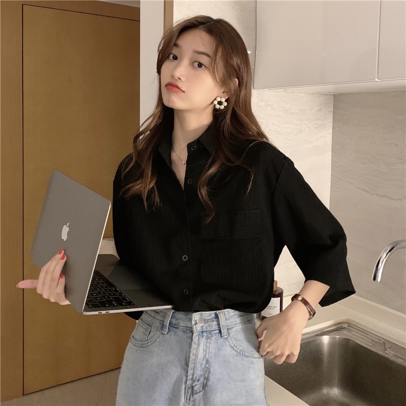 SUXI Áo Sơ Mi Tay Ngắn Dáng Rộng Màu Sắc Đơn Giản Phong Cách Vintage Hàn Quốc