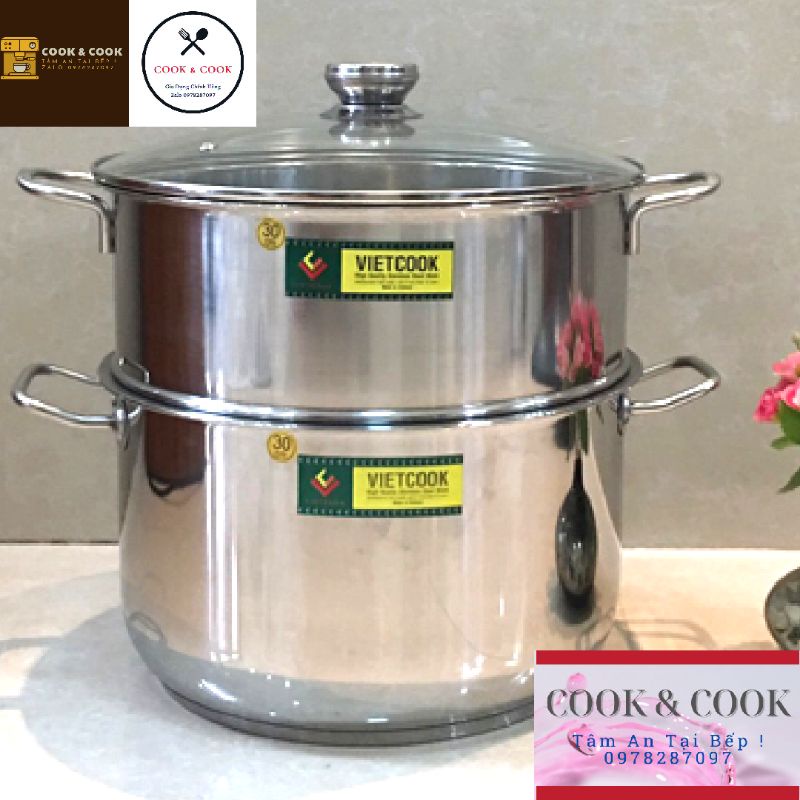 [FREESHIP 0Đ TOÀN QUỐC] Bộ xửng hấp inox 2 tầng đáy từ size 24, 26, 28, 30, 32 cm VIETCOOK, chõ hấp gà đồ xôi inox