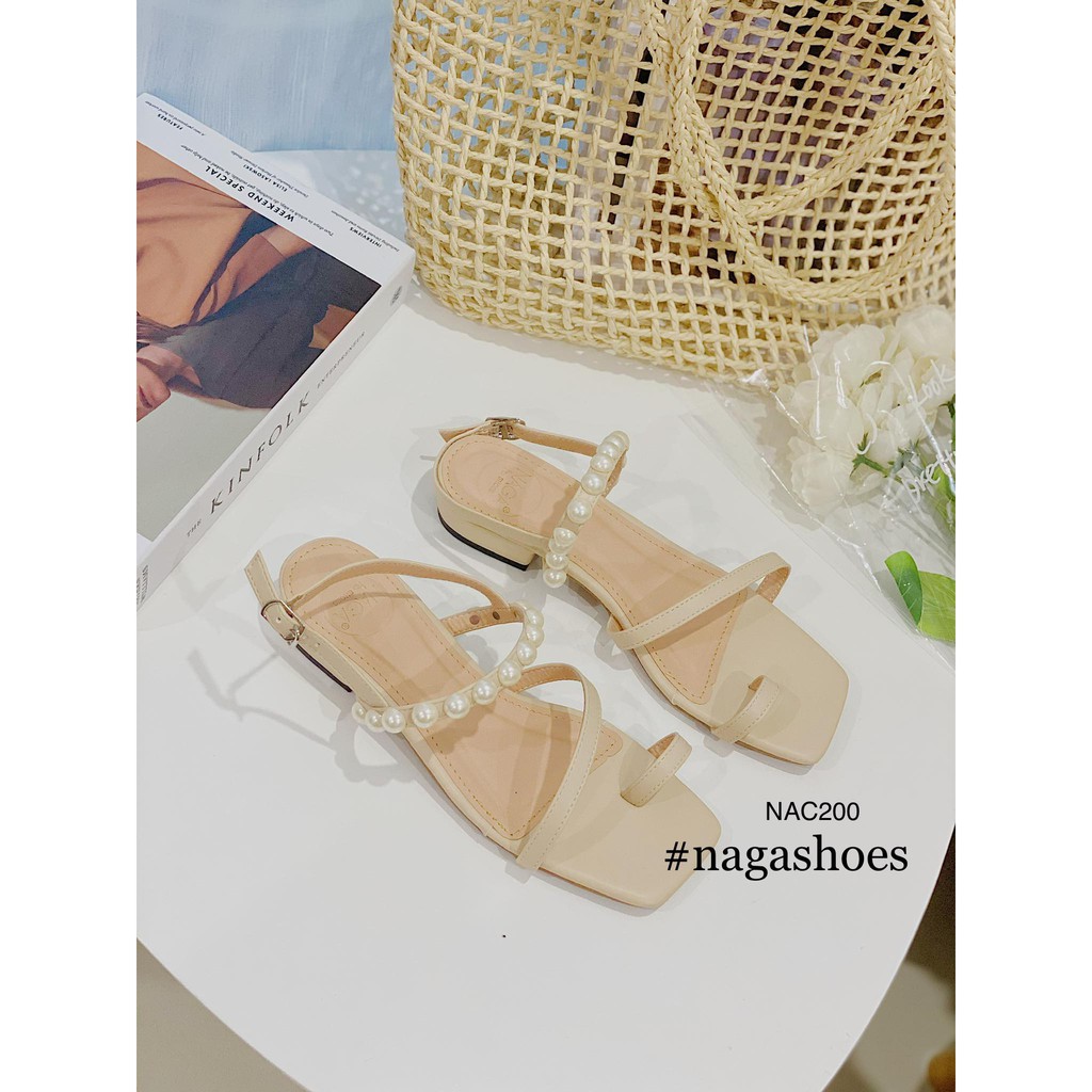 GIÀY CAO GÓT NAGASHOES QUAI CHÉO NGỌC TRAI NHÂN TẠO 2CM NAC200