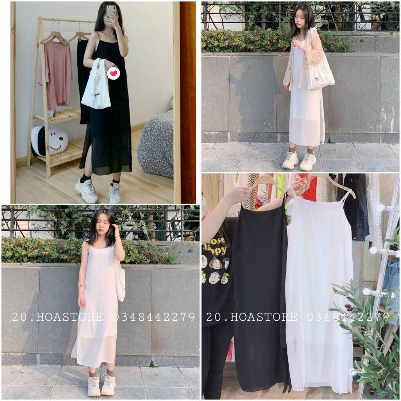 Váy 2 dây suông xẻ chất voan có lót, đầm hai dây trơn dài qua gối tiểu thư bánh bèo