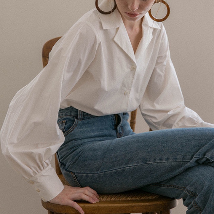 Áo Sơ Mi Trắng Tay Dài Phồng Cổ Chữ V Chất Liệu 100% Cotton Phong Cách Retro Pháp 2022