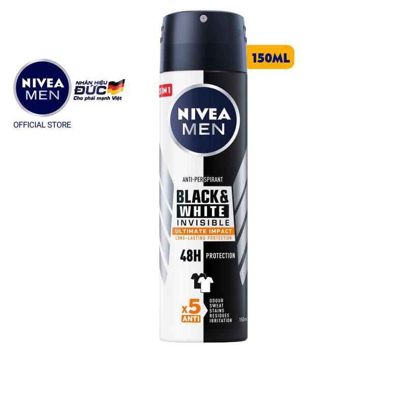 Xịt Ngăn Mùi 5in1 Ngăn Vệt Ố Vàng Vượt Trội NIVEA MEN BLACK &amp; WHITE INVISIBLE ULTIMATE - Hương mạnh mẽ 150ml