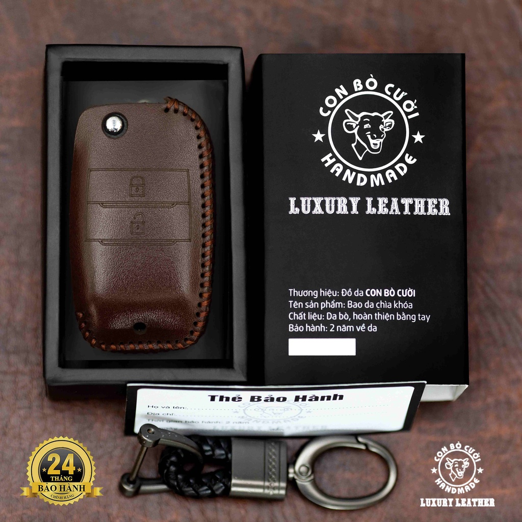 Bao Da Chìa Khóa ÔTô KIA Morning Chìa gấp 2 nút, Soluto. Da Thật 100% Bảo Hành 2 Năm, Khắc Tên & SĐT Chủ Xe