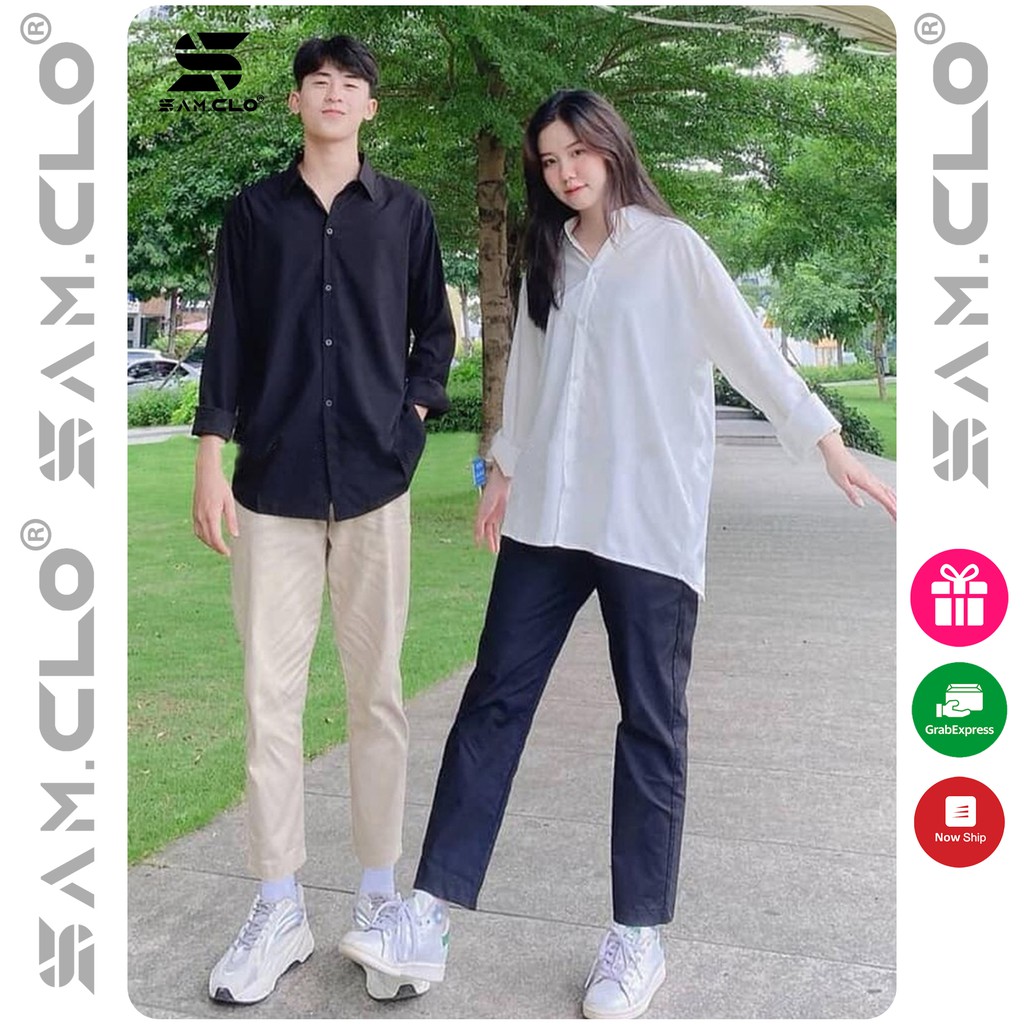 Áo sơ mi đi học TAY DÀI nữ SAM CLO phong cách ulzzang form freesize dáng rộng unisex mặc cặp, nhóm, couple TRƠN
