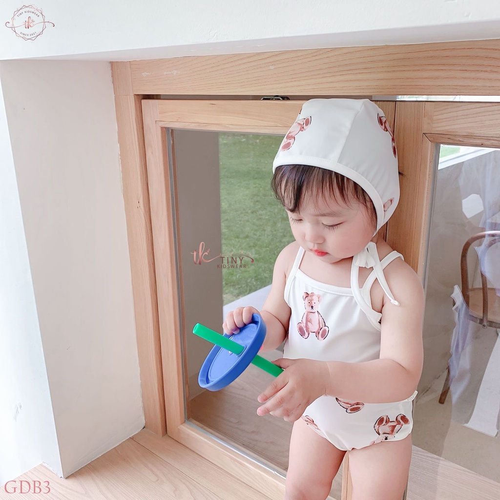 Bikini/ Đồ bơi liền 1 mảnh màu trắng họa tiết gấu bông (TẶNG KÈM MŨ BƠI) cho bé gái từ 5-13kg [GDB3]