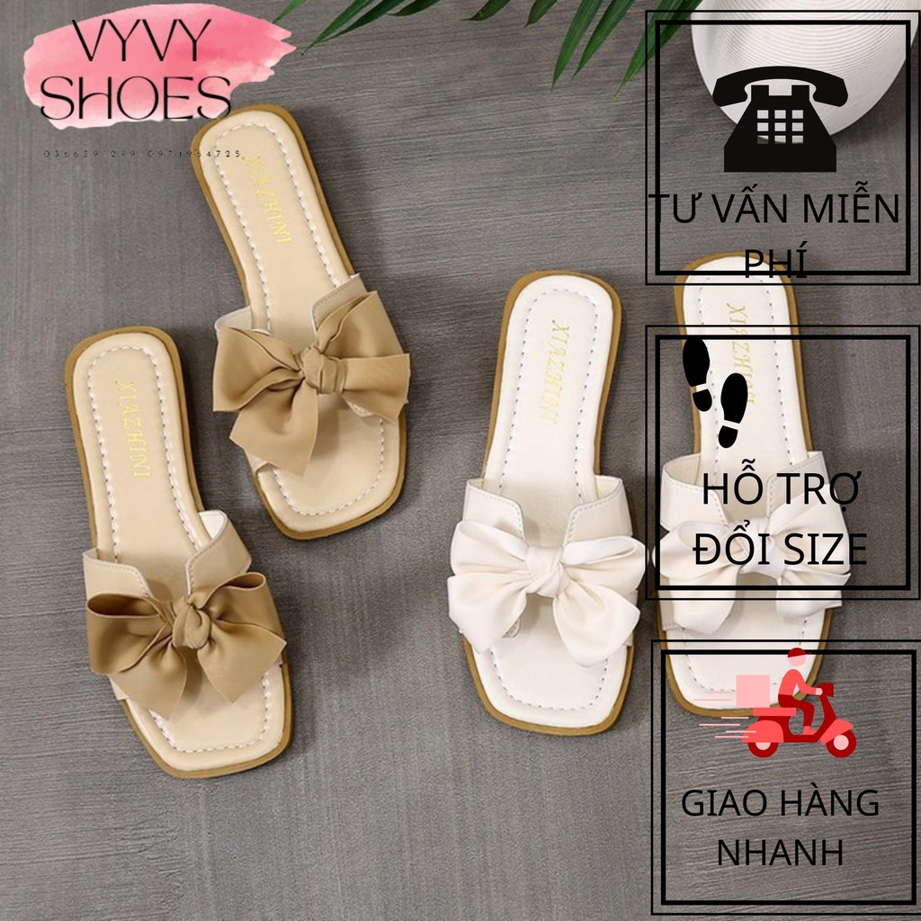 VYVYSHOES19- Dép Thời Trang Nữ Thắt Nơ Tiểu Thư phong cách tiểu thư đi biển, đi chơi 2 màu trắng-nâu( MSP-DN-005)