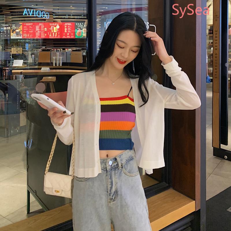 Women Knitted Rainbow Stripe Camisole Fashion Tank Top +cardigan Set