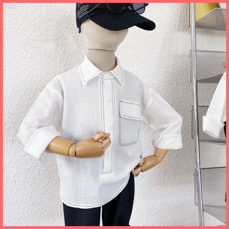 Set sơ mi trắng bé trai - Quần áo trẻ em Sumin Kids - Áo chỉ nổi dài tay kèm quần dài