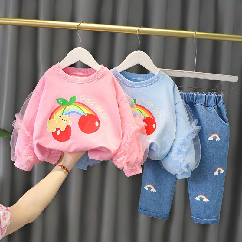Bộ quần áo bé gái - Bộ gấu cầu vồng tay voan bé gái - Phúc Dương Kids