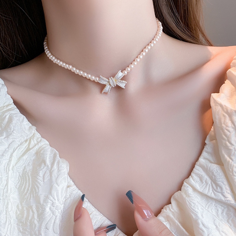 Bộ Vòng cổ + Bông Tai Hình Nơ Đính Ngọc Trai Nhân Tạo Thời Trang Hàn Quốc