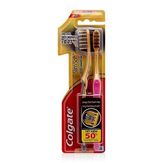 Bộ đôi Bàn chải đánh răng Colgate SlimSoft Gold Charcoal Mềm mảnh Than hoạt tính & than vàng