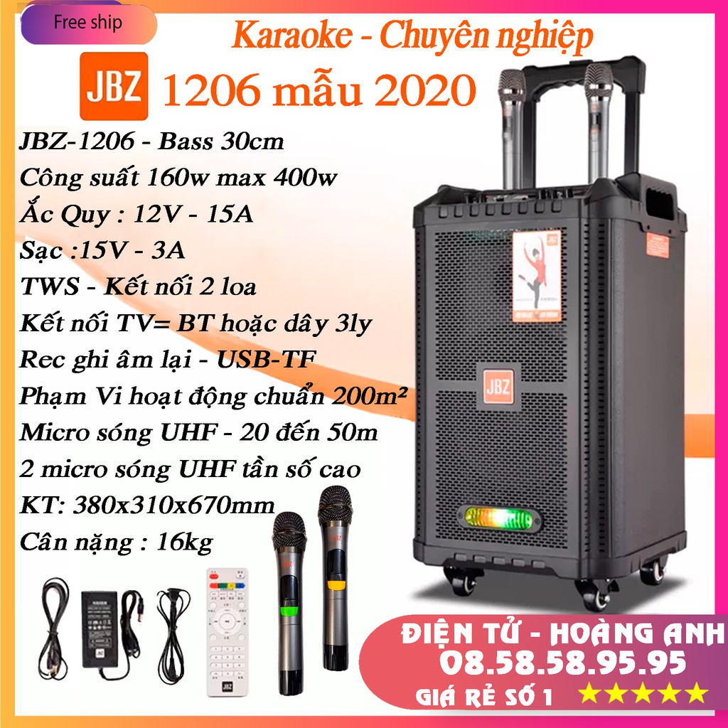 Loa kéo karaoke JBZ-NE-1206 / 1006 / 0806 (Loa 1206 Bass 30cm công suất 160w max 400w) tặng 2 Micro UHF- Kim loại