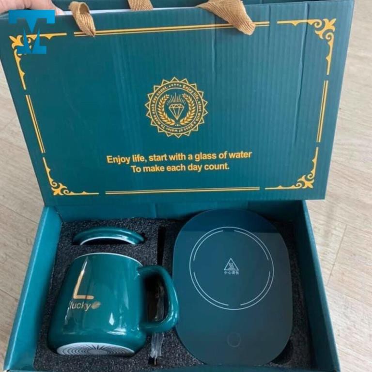 Cốc hâm nóng lucky , bộ ly sứ kèm đế điện hâm nóng trà, cafe, hâm sữa + tặng kèm thìa vàng, hộp sang trọng
