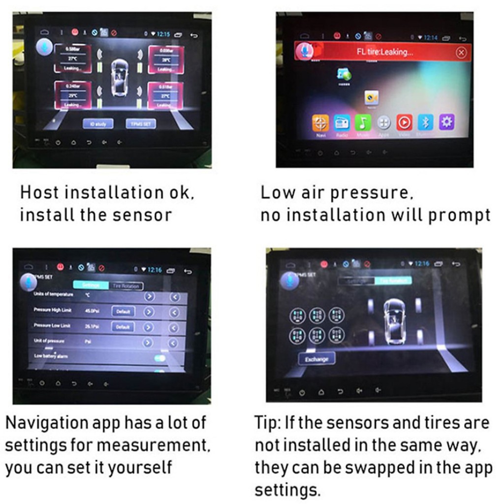 Bộ Thiết Bị Cảm Biến Áp Suất Lốp Trong Dùng Cho Xe Hơi, Ô Tô TPMS Tích Hợp Màn Hình DVD Android