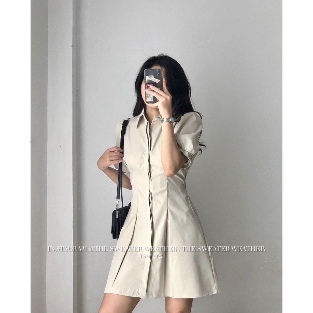 Váy sơ mi viền nẹp chiết eo, đầm tay bồng dấu cúc chữ a cực xinh