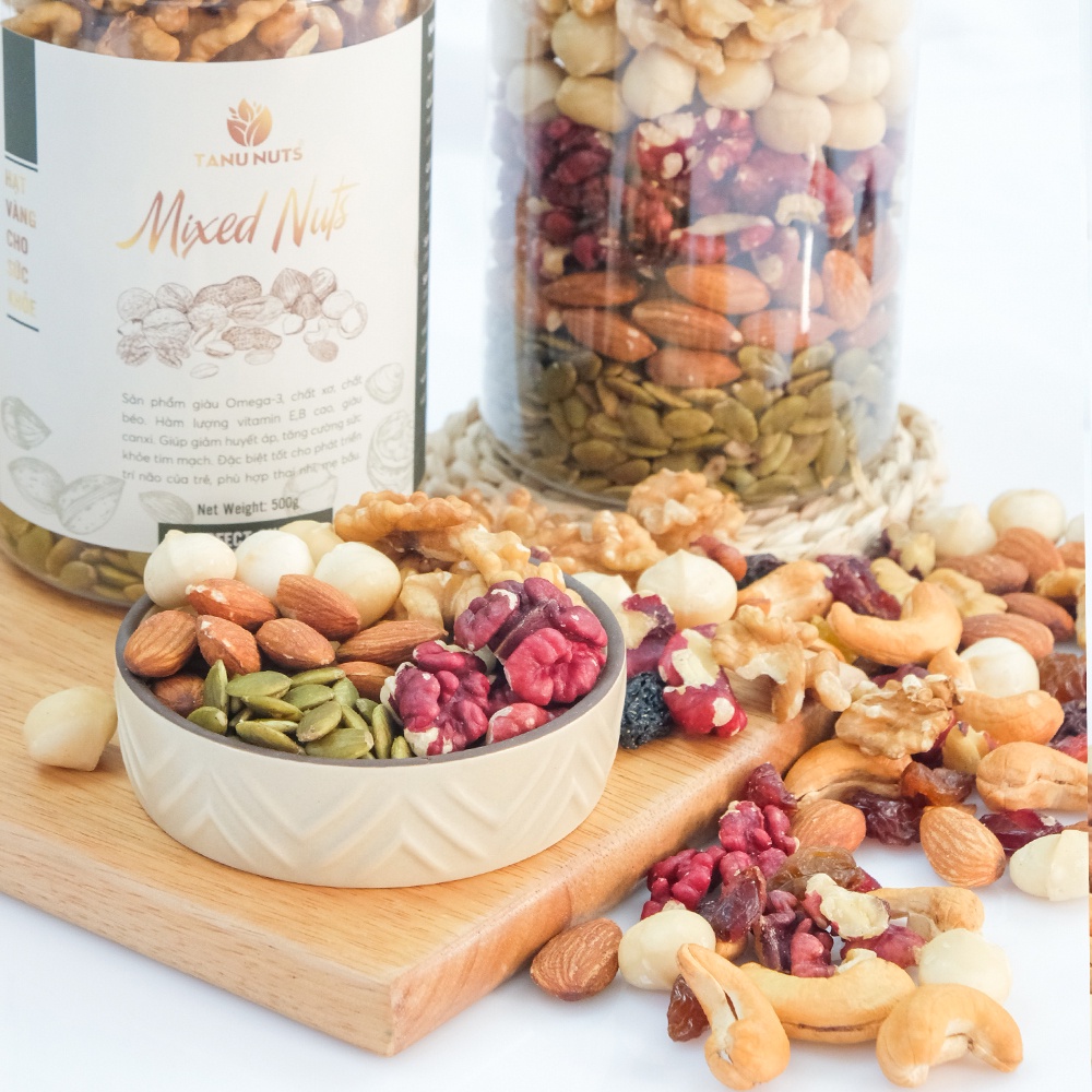 Hạt mix dinh dưỡng TANU NUTS, ngũ cốc granola mix 5 hạt dinh dưỡng tốt cho bà bầu,bé hũ 500g.