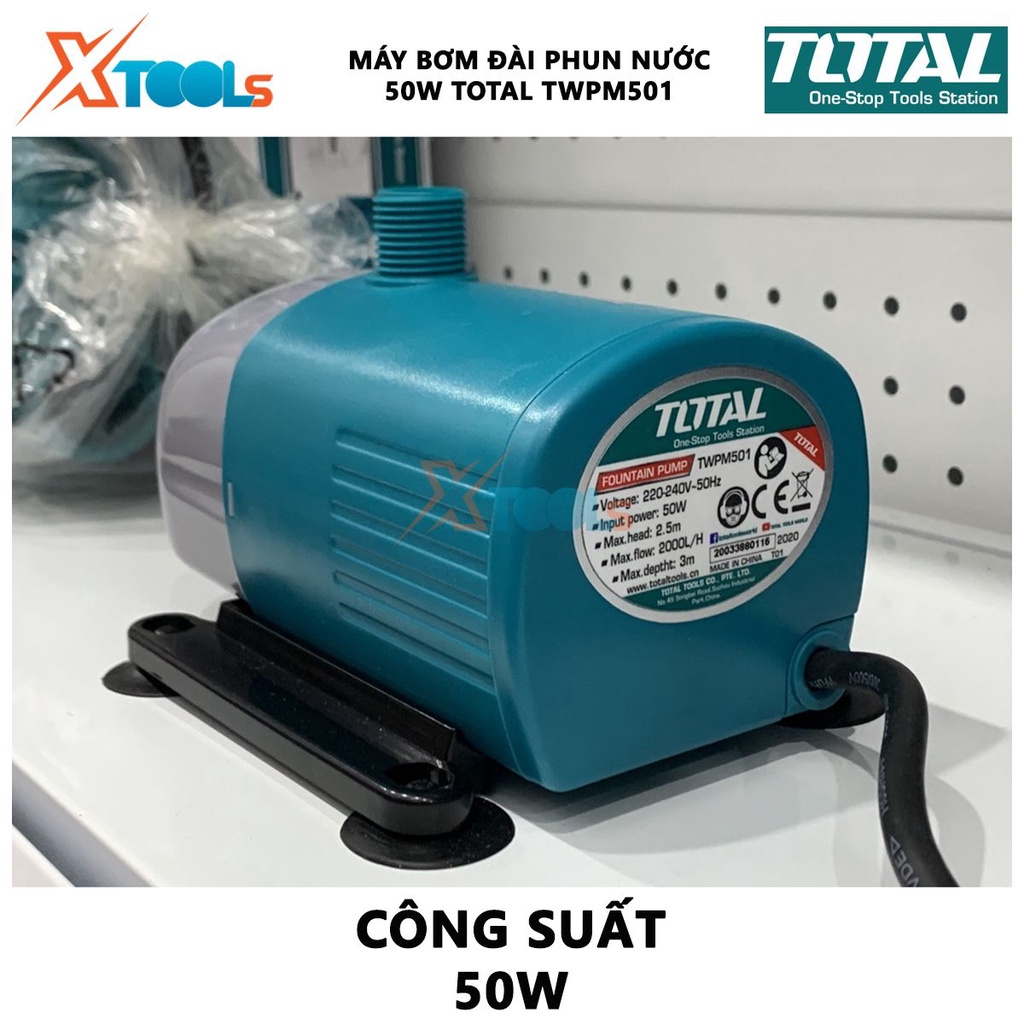 MÁY BƠM ĐÀI PHUN NƯỚC TOTAL TWPM501 Máy bơm nước hồ cá Công suất 50W Chiều cao bơm 2M Lưu lượng1500L / H Độ hút sâu 3m