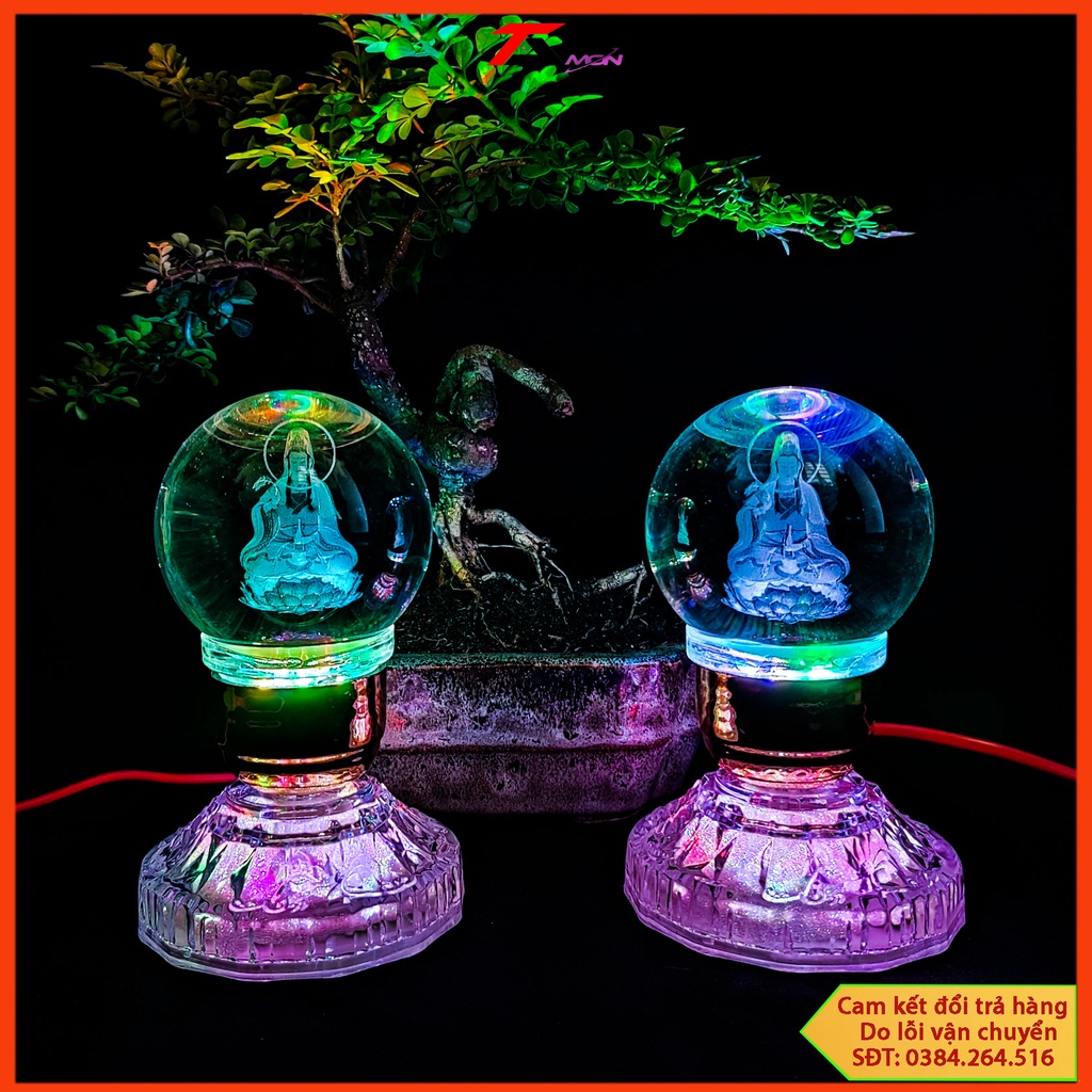 Đèn pha lê quan âm cao cấp, đèn thờ cúng, trưng tủ thờ, phật mẹ quan âm