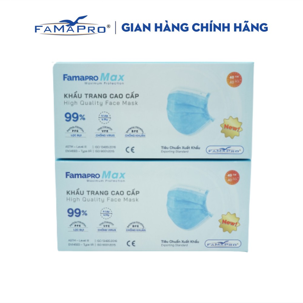 Combo 2 hộp khẩu trang y tế cao cấp kháng khuẩn 4 lớp Famapro max màu xanh (40 cái / hộp)