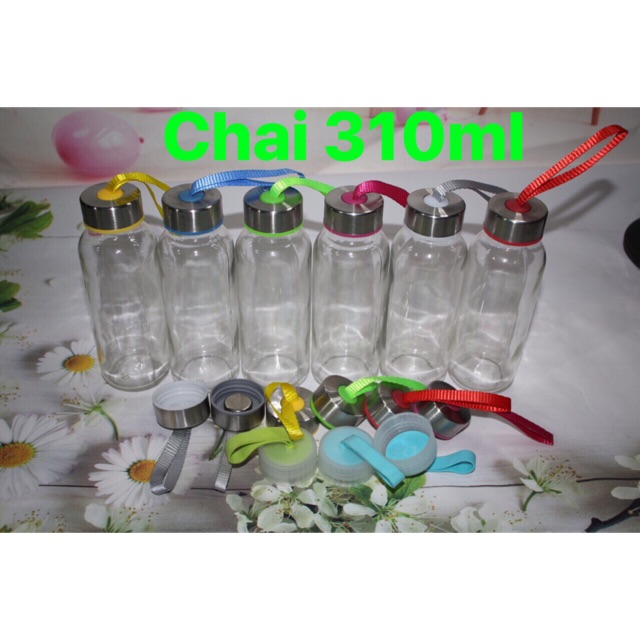 CHAI THUỶ TINH 310ML DÂY XÁCH ĐỦ MÀU KÈM TÚI VẢI HÌNH NGỘ NGHĨNH