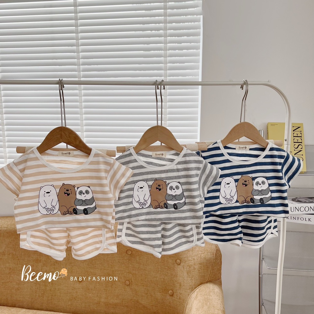 Bộ cotton unisex cho bé hoạ tiết gấu, bộ thun cộc tay mềm mát quần đùi Beemo
