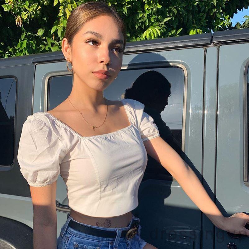 Áo Kiểu Cổ Vuông Tay Phồng Màu Trơn Thiết Kế Gợi Cảm Cho Nữ