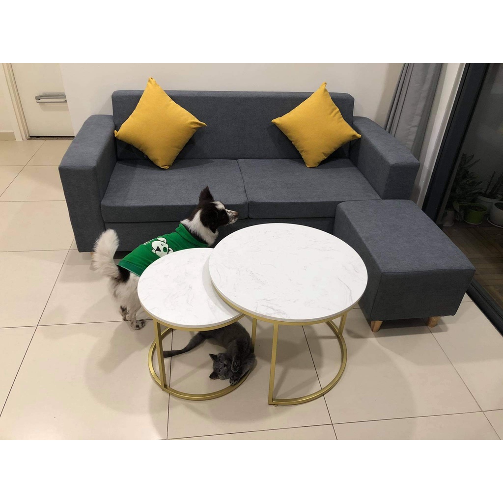 Bộ 2 bàn trà, Sofa mặt đá trắng vân mây khung sắt sơn tĩnh điện