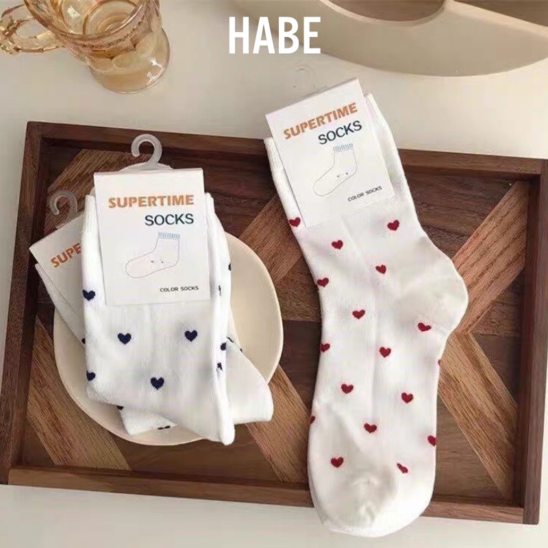 Tất vớ nữ cổ cao Hàn Quốc Cotton mềm mịn hoạ tiết trái tim nhỏ HABE