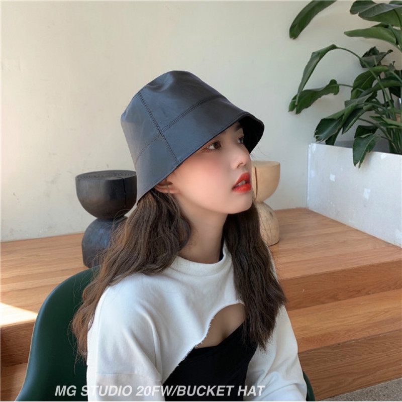 Sản Phẩm Papaya / Mũ Bucket Da pu Màu Trơn Phong Cách Nhật Bản Hiện Đại Dễ Phối Đồ Thời Gian