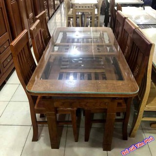 Bàn ăn đẹp gỗ sồi 4 ghế 2 tầng 1m2 và 1m4 màu nâu