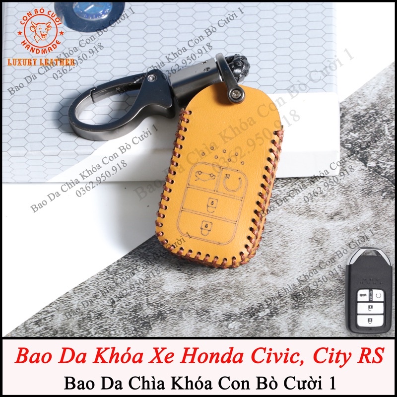 Bao Da Chìa Khoá Honda Civic, City RS, Accord (4 nút) Da Bò Nhập Khẩu ITALIA, Khắc Tên &amp; Số ĐT Chủ Xe.