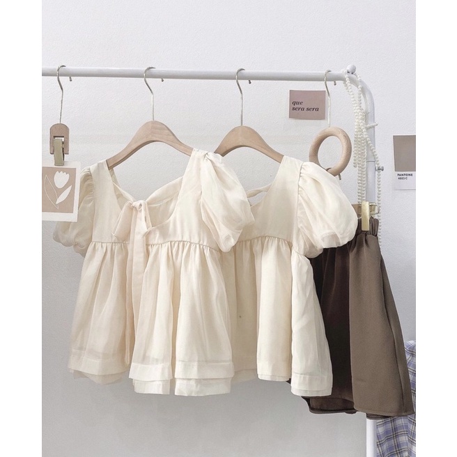 Set áo babydoll nơ sau be sữa mix quần nâu ulzzang