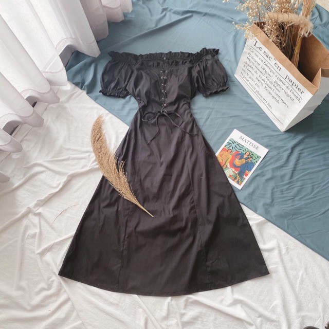 Đầm Cổ Bèo Đan Dây Trước 2 Màu Trắng, Đen - Váy Nữ Thời Trang Đi Chơi, Dự Tiệc | BigBuy360 - bigbuy360.vn