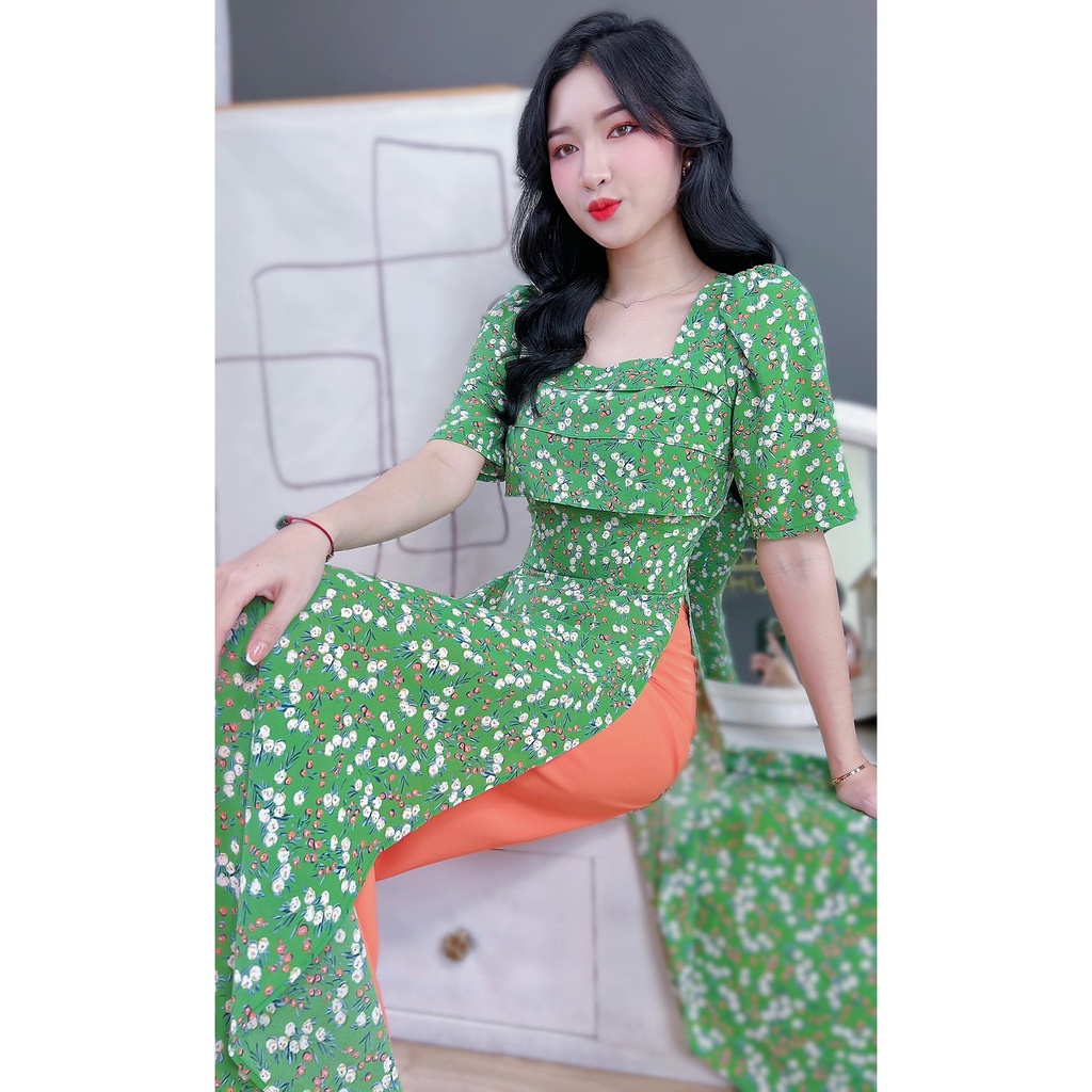 Áo dài cách tân tay phồng xếp li 3 tầng không kèm quần CHUU AD8046