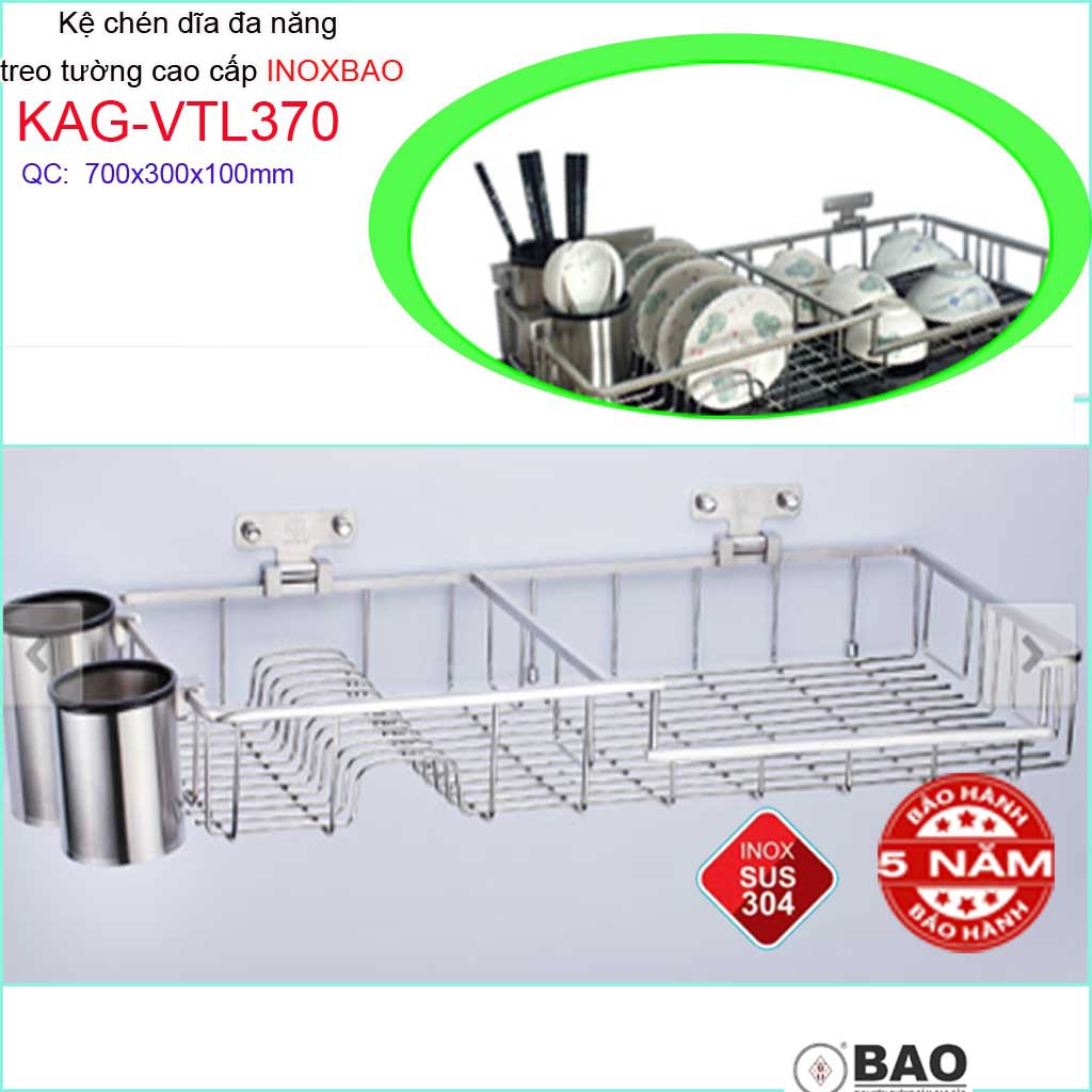 Kệ úp chén dĩa Inox Bảo KAG-VTL370 treo tường, giá đựng bát đĩa SUS304 dập đặc cao cấp 70cm kèm 2 ống đũa siêu bền