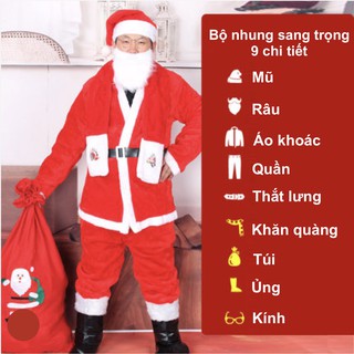 Bộ quần áo ông già Noel hay bộ trang phục noel người lớn vải nhung sang trọng 9 chi tiết