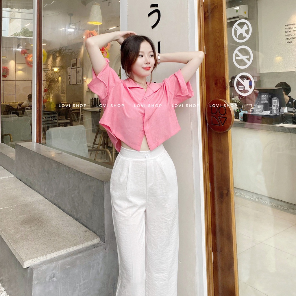 LOVI SHOP Áo sơ mi nữ croptop tay ngắn cổ lá sen form rộng basic